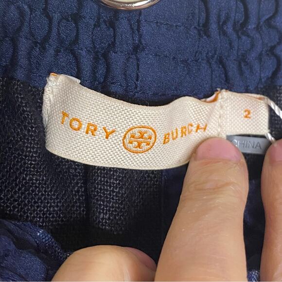 Tory Burch Pants 100% Linen Blue Striped Front Solid Back Relaxed Fit Pocket NWT - Picture 6 of 7